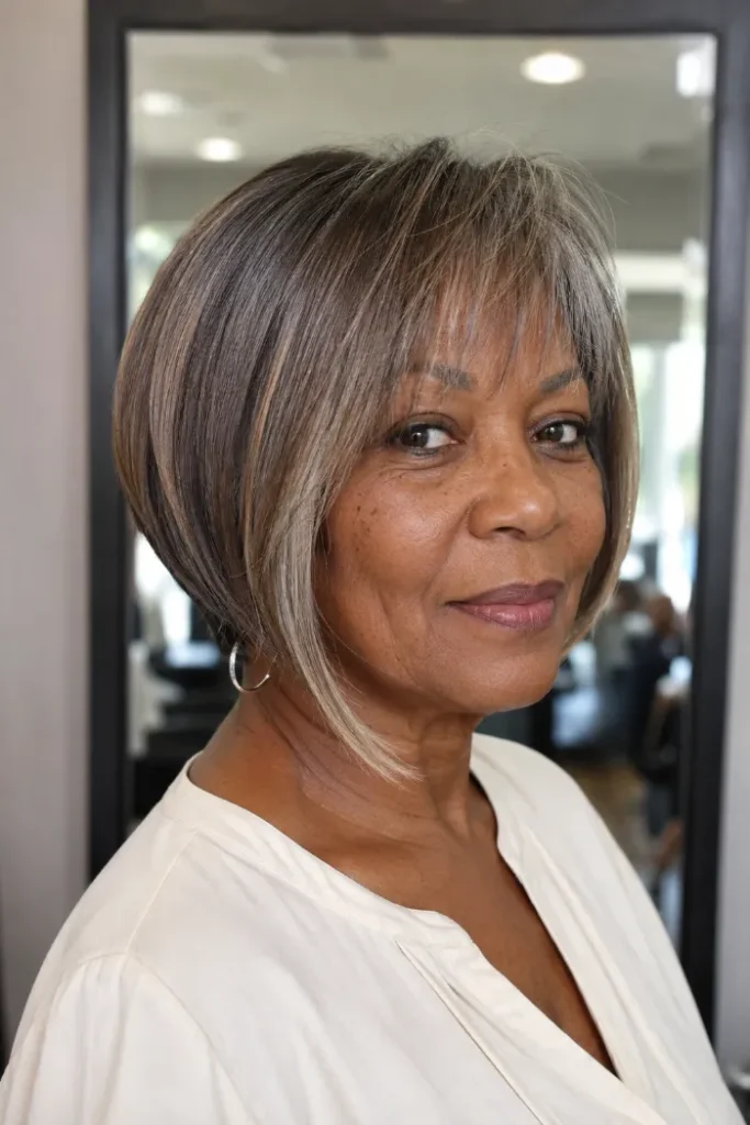 Angled silk press bob with wispy bangs for older Black women over 50
