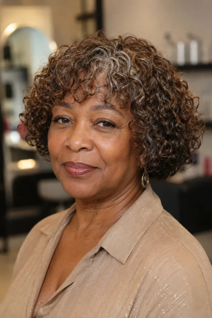 Chin-length curly bob with rounded bangs for older Black women over 50