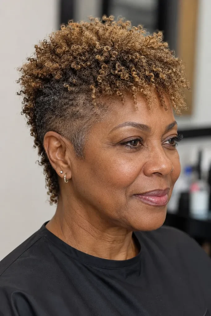 Coily pixie mullet with tapered nape for older Black women over 50