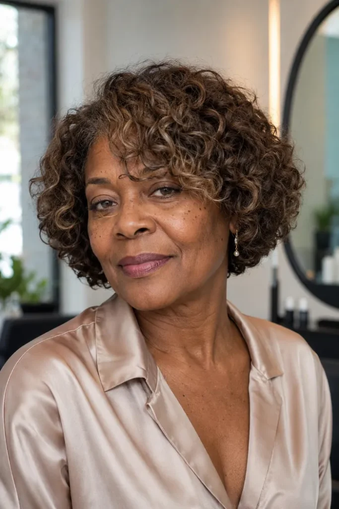 Curly French bob with side-parted fringe for older Black women over 50