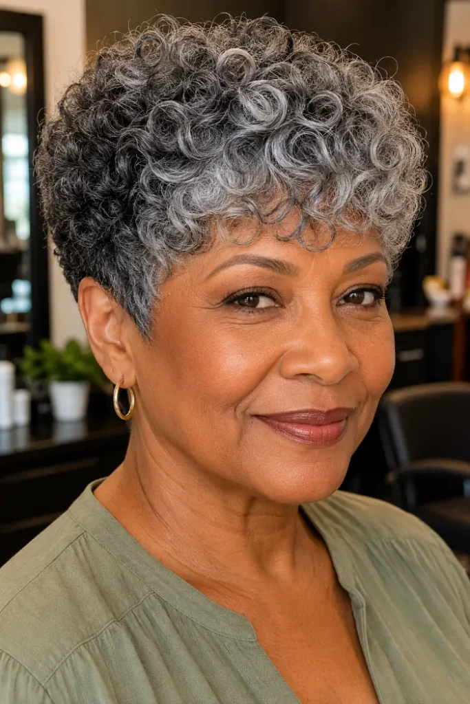 Curly salt-and-pepper pixie with soft sides