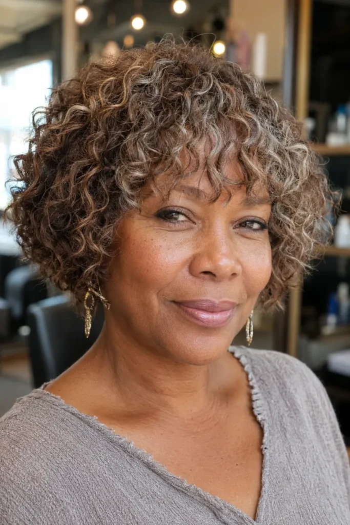 Curly shag bob with soft crown layers for older Black women over 50