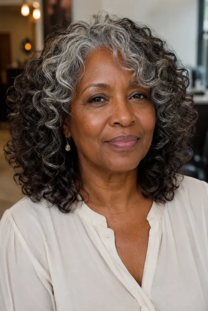 Mid-length layered curls with gray blending for older Black women over 50