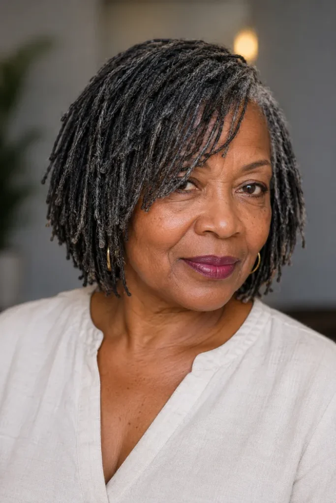 Mini loc bob with soft side fringe for older Black women over 50