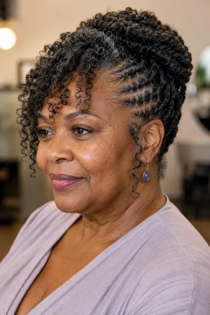 Protective flat twist updo with soft front curls for older Black women over 50