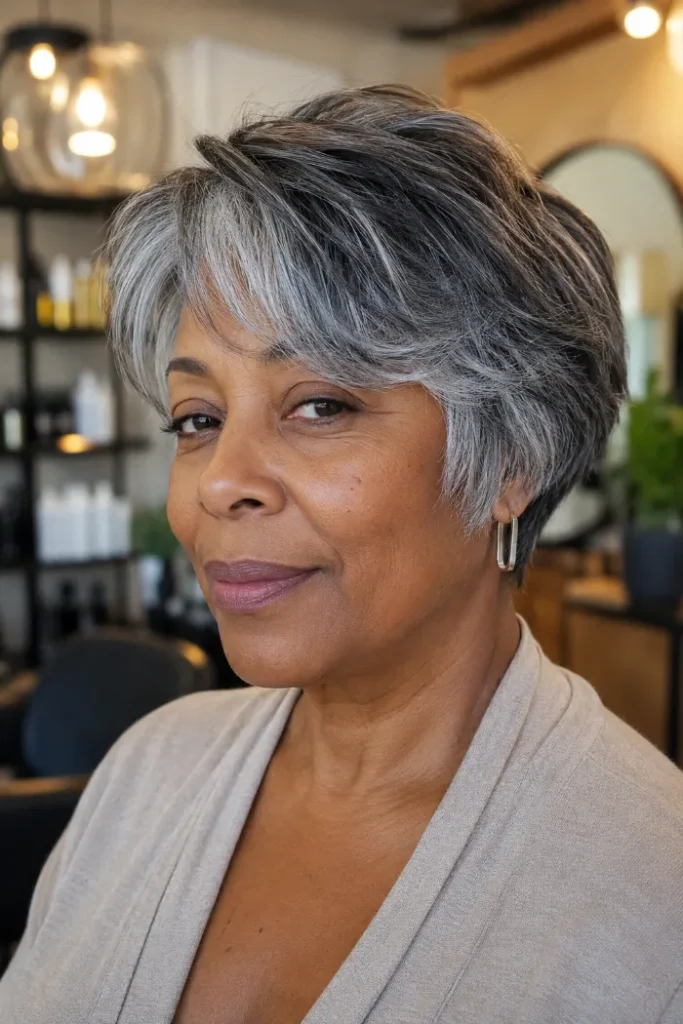 Salt-and-pepper bixie with feathered sides for older Black women over 50