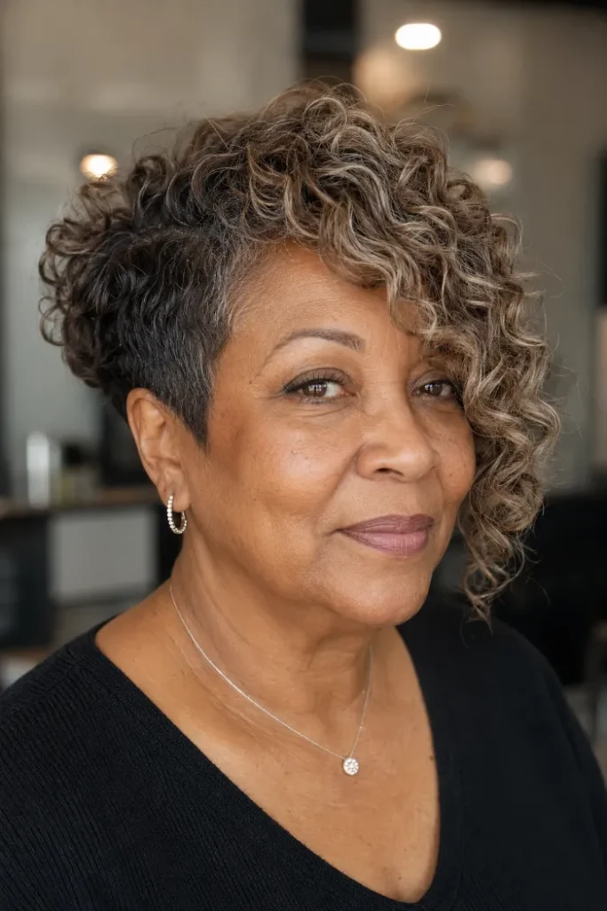 Short asymmetrical curly cut with one soft side for older Black women over 50