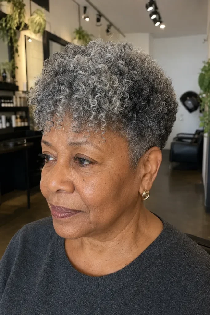 Short curly cut with tapered nape and full fringe