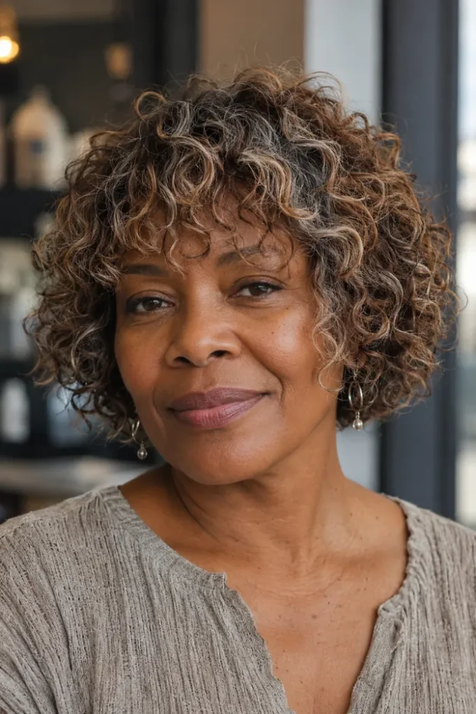Short silver coily pixie with defined top for older Black women over 50