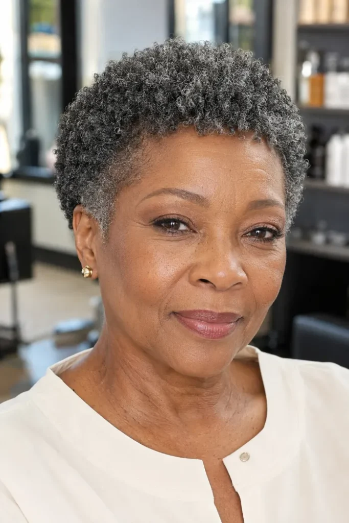 Soft rounded TWA with silver curl definition