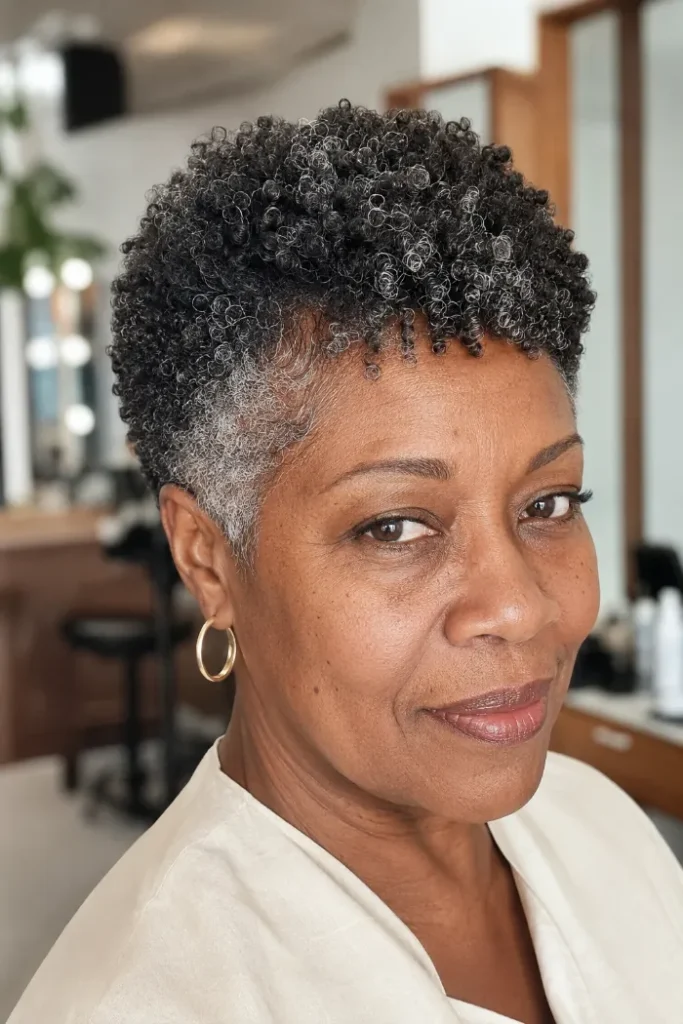 Soft tapered coily pixie with lifted crown for older Black women over 50