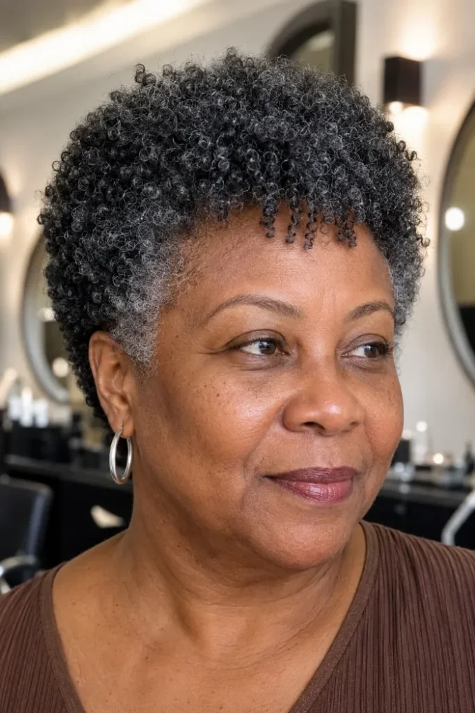 Wash-and-go coily cut with rounded crown